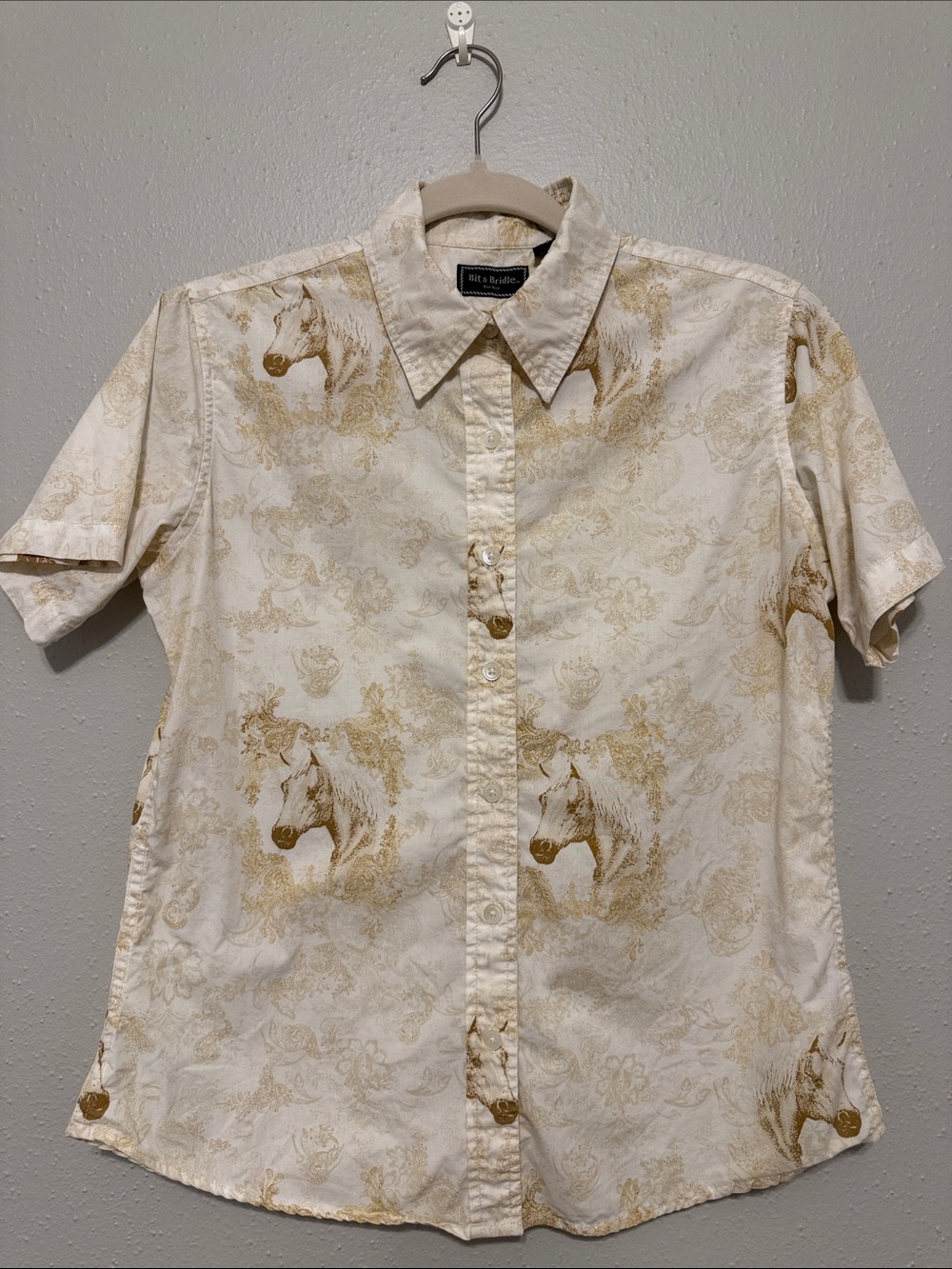Bit & Bridle Cream Button-Down Shirt with Tan Horse Print